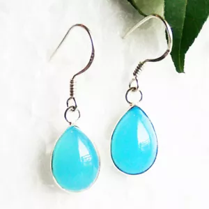 925 Sterlingsilber Aquamarin Chalzedon Ohrringe Lang Handmade Edelstein Schmuck - Bild 1 von 4