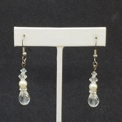 Pierced Earrings Silver tone Faux Pearl Faceted Crystal Bead Dangle 1 1/4" - Image 1 of 4