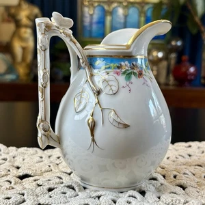 Antique Hand Painted Porcelain Pitcher Butterfly Handle Gilt Floral Victorian - Picture 1 of 9