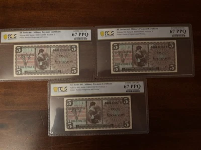 MPC, $5 Dollars Series 661, 67 PPQ, 3 Consecutive Serial Number Set, Rare - Image 1 of 4