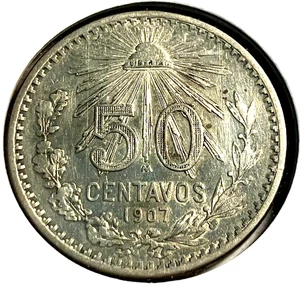 elf Mexico 50 Centavos 1907 curved 7 Silver Denver and San Francisco Mints? C050 - Picture 1 of 2