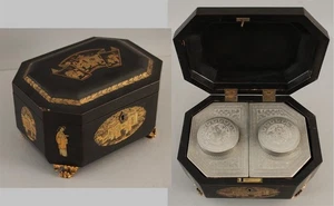 Antike chinesische Export vergoldete Chinoiserie Lack & Zinn Teedose aus dem 19. Jahrhundert, NR - Bild 1 von 22