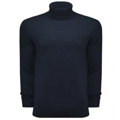 MENS LAMBRETTA SOFT COTTON ROLL NECK / POLO NECK FINE JUMPER - NAVY BLUE  - Image 1 of 2