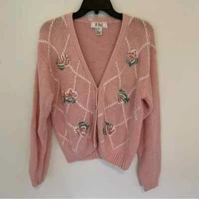 Suéter de mujer vintage Lee David Rose tejido floral algodón abuela rosa rubor L Foto 1 de 4