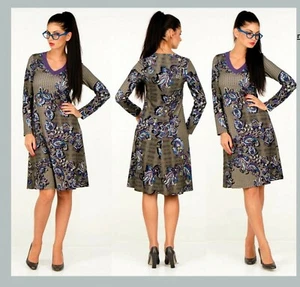 WEAR TO WORK STRETCH DRESS A-LINE LONG SLEEVE V-NECK PAISLEY MADE IN EUROPE - Picture 1 of 2