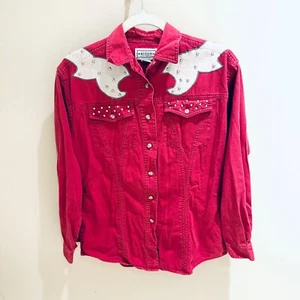 Arizona Western Shirt Studded Denim Top Red Rockabilly Small - Picture 1 of 4