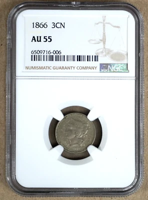 1866 THREE  (3) CENT NICKEL NGC AU55 715006 - Image 1 of 4