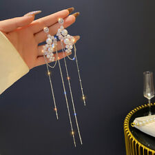 925 Sliver Pearl Long Tassel Crystal Earrings Drop Dangle Charm Womens Jewellery