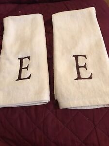 (2) Sonoma Personalized Hand Towels 24” X 16” Ivory w/ Embroidered “E” In Brown