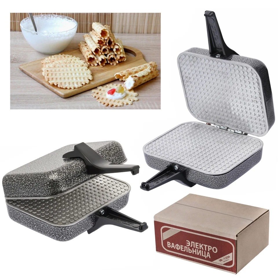 RUSSIAN USSR ELECTRIC SQUARE WAFFLE IRON MAKER EB-1/220 NEW + RECIPE SILVER - Image 1 of 4