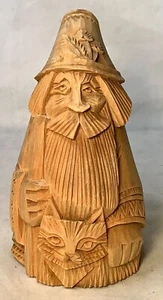 Vintage Intricate Hand Carved Wood Folk Art Figurine Bell Man/Wizard Cat Staff - Picture 1 of 6