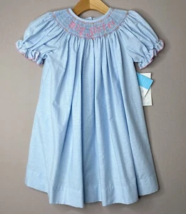 NWT VIVE LA FETE Girls 4 Yrs Smocked Big Sister Short Sleeve Blue Bishop Dress - Picture 1 of 4