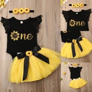 Infant Baby Girls 1st Birthday Dress Outfits Clothes Romper Skirt Headband Set - Picture 1 of 7