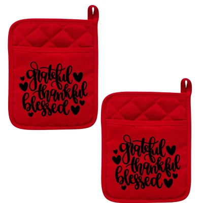 VERSATILITY 500 Red Pot Holders 2 Pocket Oven Mitts Kitchen Hot Pad Thankful Grateful Blessed