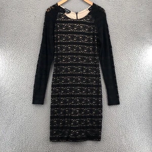 Bebe Dress Womens Large Black Lace Overlay Bodycon Knee Long Sheer Sleeve Formal - Picture 1 of 11