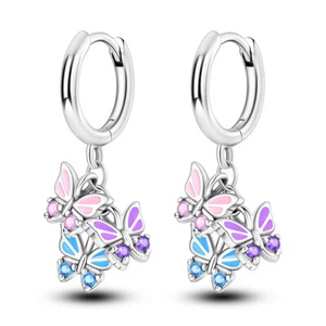 MULA Butterfly Tassel Hoop Earrings Pink CZ For Women Jewelry 925 Silver Plated - Picture 1 of 5