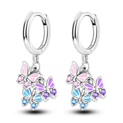 MULA Butterfly Tassel Hoop Earrings Pink CZ For Women Jewelry 925 Silver Plated - Image 1 of 4