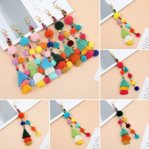 Cute Boho Beaded Keychain Colorful Hair Ball Tassel Keyring Bag Pendant - Picture 1 of 16