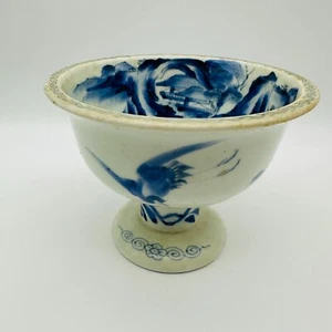 Antique Japanese Blue and White Arita Pedestal Bowl Sake Cup Washer Crane Motive - Picture 1 of 12