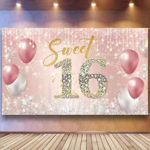 Sweet 16 Birthday Backdrop – Pink Rose Gold Party Banner for Girls, 6.1ft x 3.6f - Picture 1 of 6
