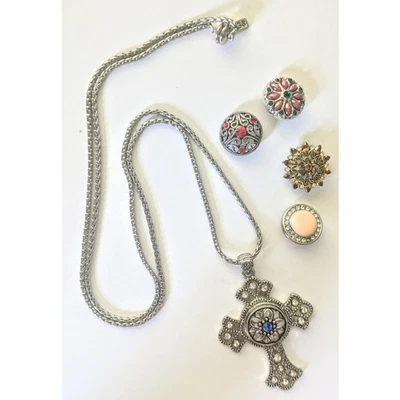 Collar Cruz Cristal Brillante Tono Plata SNAPS con 5 Broches de presión 35" Foto 1 de 4