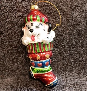 Glas Weihnachtsschmuck Dalmatiner Welpe guckt aus Strumpf GIPFEL - Bild 1 von 12