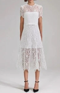 SELF-PORTRAIT White Short Sleeve Floral Lace A-Line Midi Dress Size 10 NWTS - Picture 1 of 6