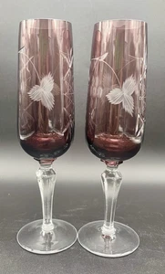 Bohemian Czech Amethyst Cut to Clear Pinwheel Champagne Flute Glasses Grapes - Picture 1 of 7