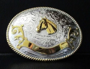 *Horse Head Silver & Gold Colored Western Style Belt Buckle Large 4" New w/ Tag - Picture 1 of 4