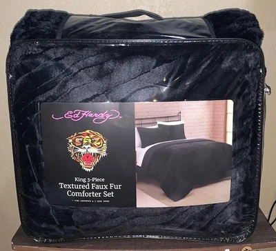 Ed Hardy Black Tiger Stripes Textured Faux Fur 3pc KING Comforter & Shams Set - Image 1 of 4