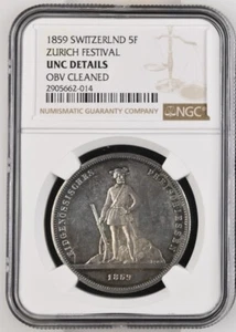 Switzerland 1859 Zurich 5 Francs Shooting Thaler NGC UNC Details, Rare 6k - Picture 1 of 2