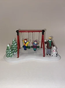 1995 Lemax Dickensvale Collectibles Porcelain Park Swing Kids Dog Snow Christmas - Picture 1 of 7