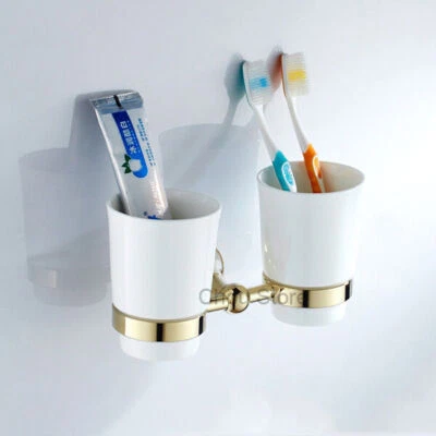 Gold Polished Brass Bathroom Dual Ceramic Cups Wall Mount Toothbrush Holder Set - Image 1 of 3