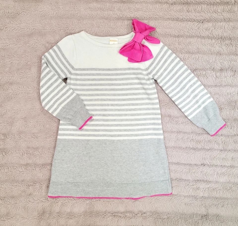 Gymboree Girl's 4 Gray/White Striped Knit Tunic Sweater w/ Pink Shoulder Bow - Image 1 of 4