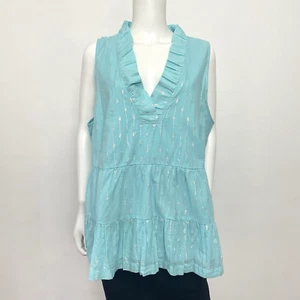 Crown & Ivy Size 2X Blouse Top Sleeveless Aqua Metallic Tiered Ruffle Neck NWT - Picture 1 of 9
