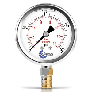 2-1/2" Pressure Gauge, Stainless Steel Case, Liquid Filled, Lower Mnt 200 PSI - Picture 1 of 6