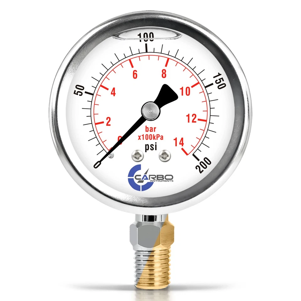 2-1/2" Pressure Gauge, Stainless Steel Case, Liquid Filled, Lower Mnt 200 PSI - Image 1 of 4