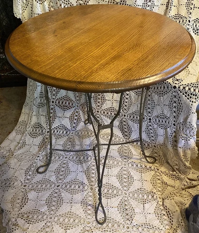 Vintage Twisted Wrought Iron Ice Cream Parlor Table Round Oak Antique Cover