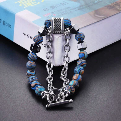 Moda Para hombres Acero Inoxidable Malaquita Hematita Cuentas Hip Hop Pulsera Joyería Foto 1 de 4