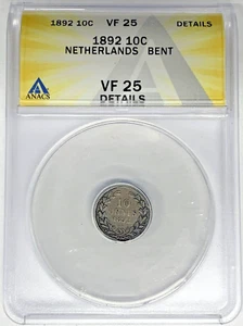 1892 Netherlands 10 Cent Coin ANACS VF 25 Details Bent W5 - Picture 1 of 2