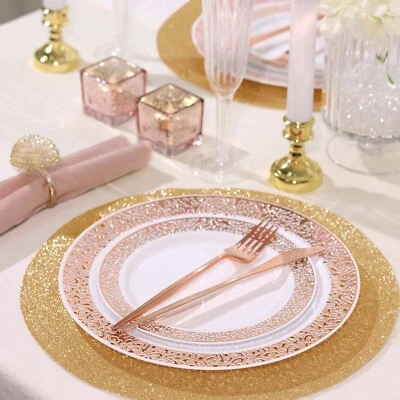 6 CHAMPAGNE 13" Round Glittered Faux Leather PLACEMATS Wedding Decorations - Image 1 of 4