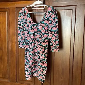 Billabong Pink Black Cotton Blend Bodycon Floral Dress Size L Scoop Neck & Back - Picture 1 of 11
