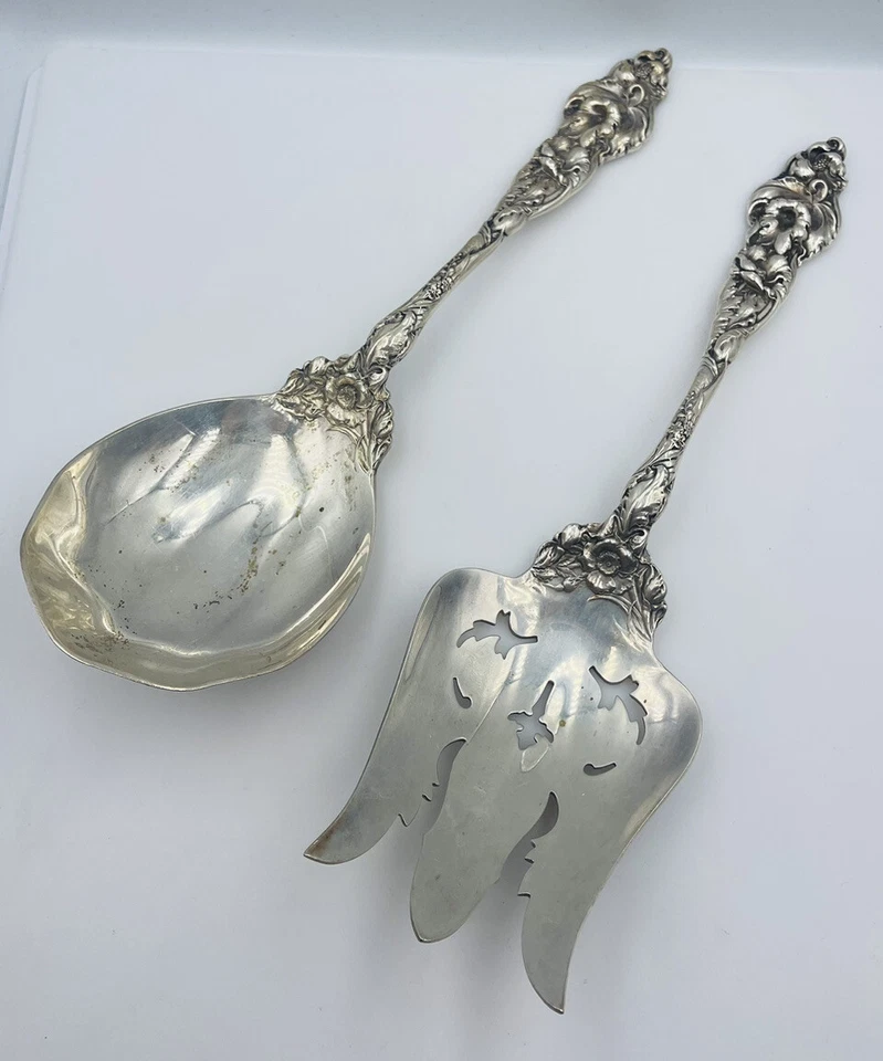 Reed & Barton Antique Sterling Silver Les Six Fleurs 2 Piece Servers Salad Set - Image 1 of 4