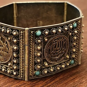 Vintage Filigree Turkish 900 Silver & Turquoise Panel Cuff Bracelet 7" - Picture 1 of 18