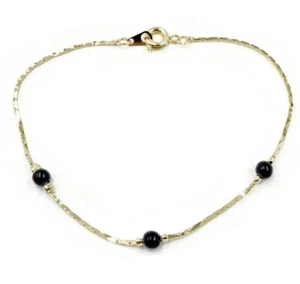VINTAGE JAPANESE GOLD PLATED CHAIN JET BLACK ROUND PEARL BEADED 7" BRACELET D249 - Picture 1 of 2