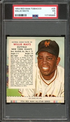 1954 Red Man Tobacco #25 Willie Mays Salón de la fama Gigantes de San Francisco PSA 3 en muy buena condición Foto 1 de 2