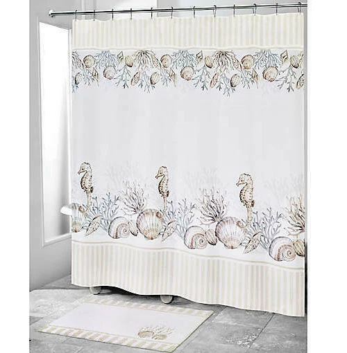 Cortina de ducha de tela Avanti Seahorse Destin Shells playa costera verano beige Foto 1 de 4