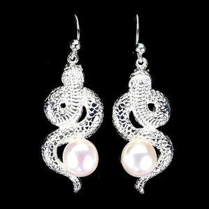 925 Sterling Silver Earrings Round White Pearl 8mm Natural Cobra Jewelry - Picture 1 of 13