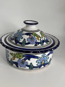 VINTAGE TAGINE,TUREEN POT & LID BLUE AND WHITE, Colored Floral Design - Picture 1 of 10