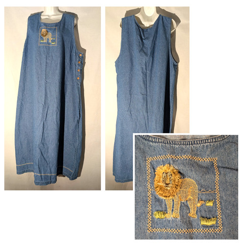 VETEMENTS Maxi abito maglione denim erba limone con leone ricamato taglia 3XL senza maniche